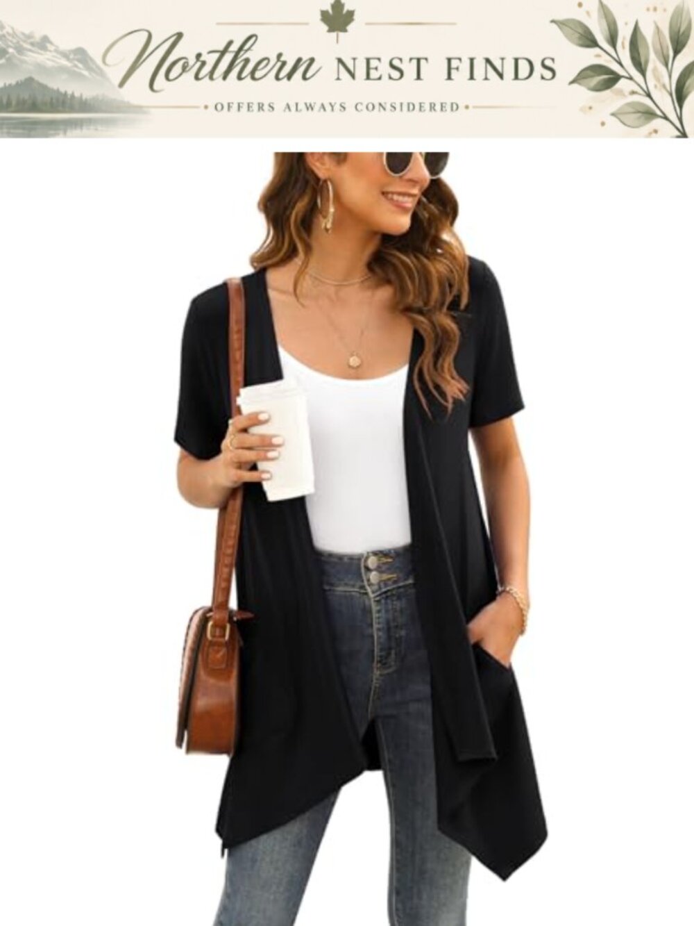 Short Sleeve Open Front Cardigan Lightweight Drape Pocket High Low Hem